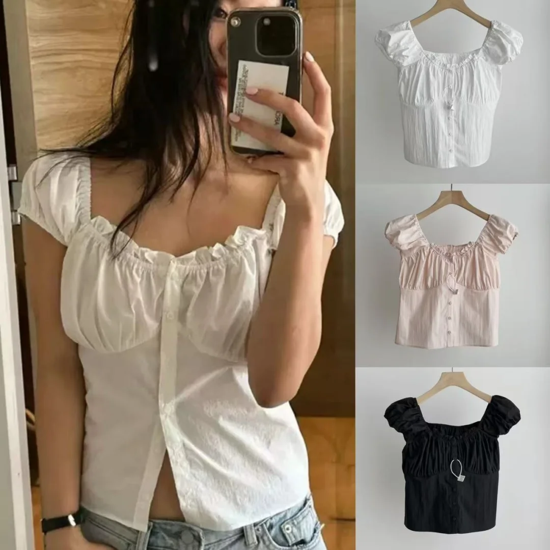 Słodkie LYSM ort Bubble Sve irt Letnie 2025 Bawełniane Oddychające Dopasowane Damskie Modne Dojazdy do Pracy Jednolite Kolory