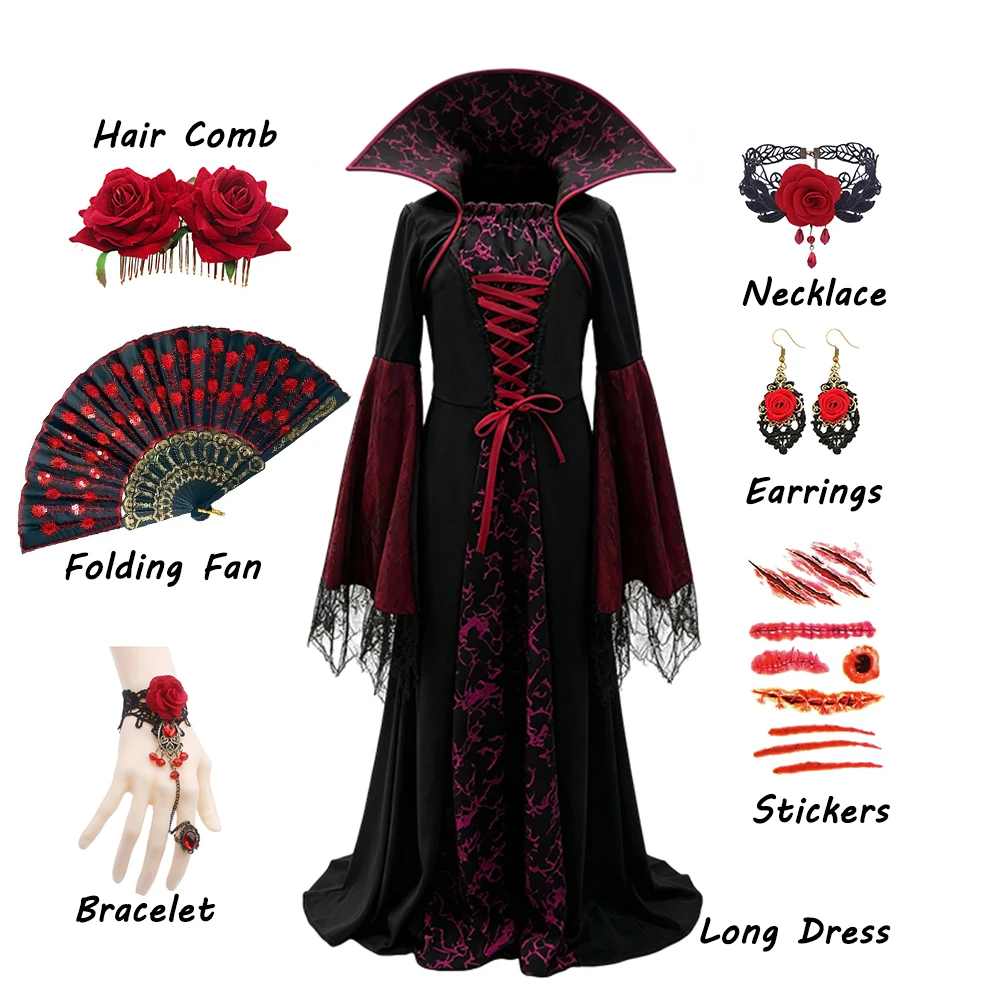Kids Girls Cosplay Gothic Ghost Bride Dress Halloween Party Role‑play Costume Full Accessory Set Carnival Fancy Dress Outfit