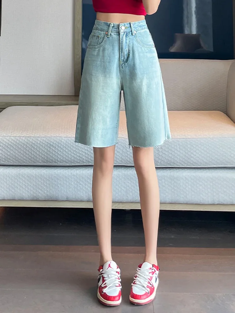 Summer Basic High Waist Loose Street Shorts for Women Chicly Embroidery Fashion Light Blue Casual Straight Simple Female Shorts