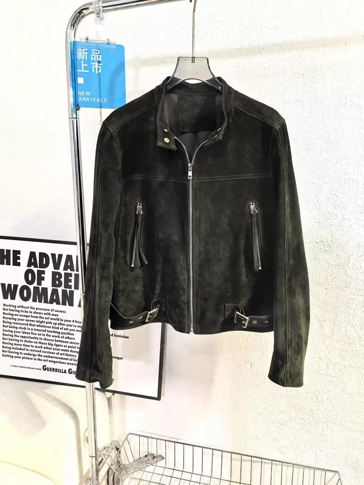 Streetwear Women Vintage Sheepskin Suede Motorcycle Jacket Stand Collar Genuine Leather Short Coat Zipper New Casual Outerwear