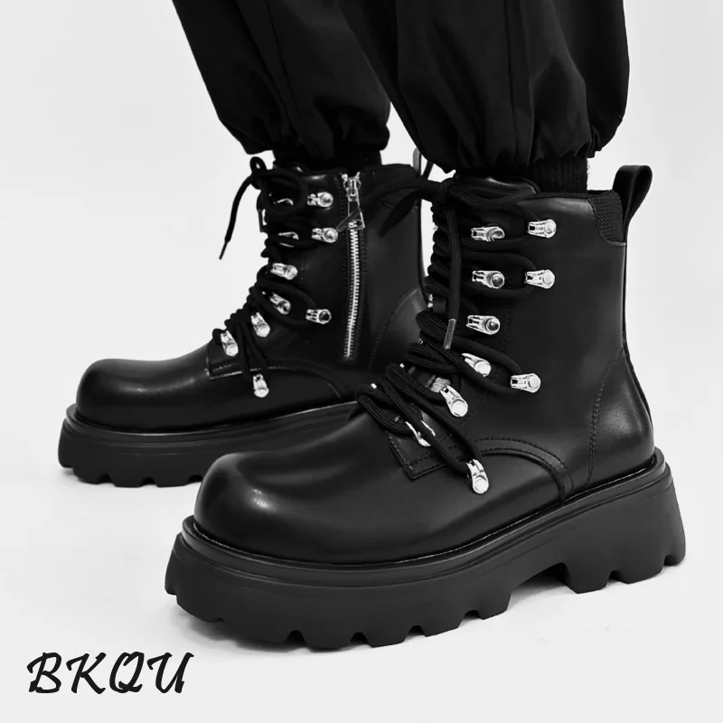 BKQU English Style Zipper Chelsea Men 2024 Autumn Increase Motorcycle Boots Autumn Winter High Top Thick Bottom Design Sense