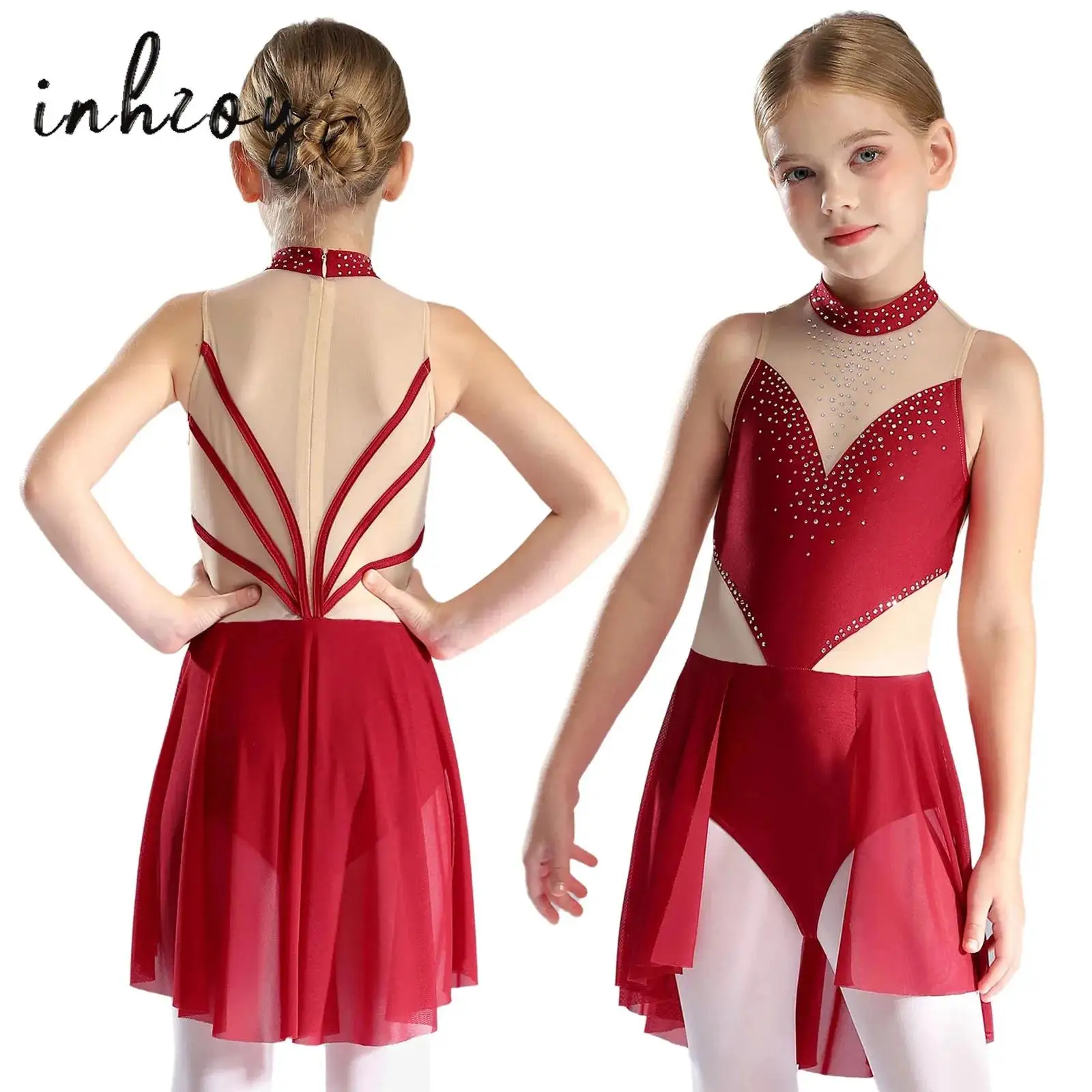 

Girls Ballet Lyrical Dance Dress Rhythmic Gymnastics Leotard Mesh Tutu Dress Sleeveless Rhinestone Figure Ice Skating Dancewear