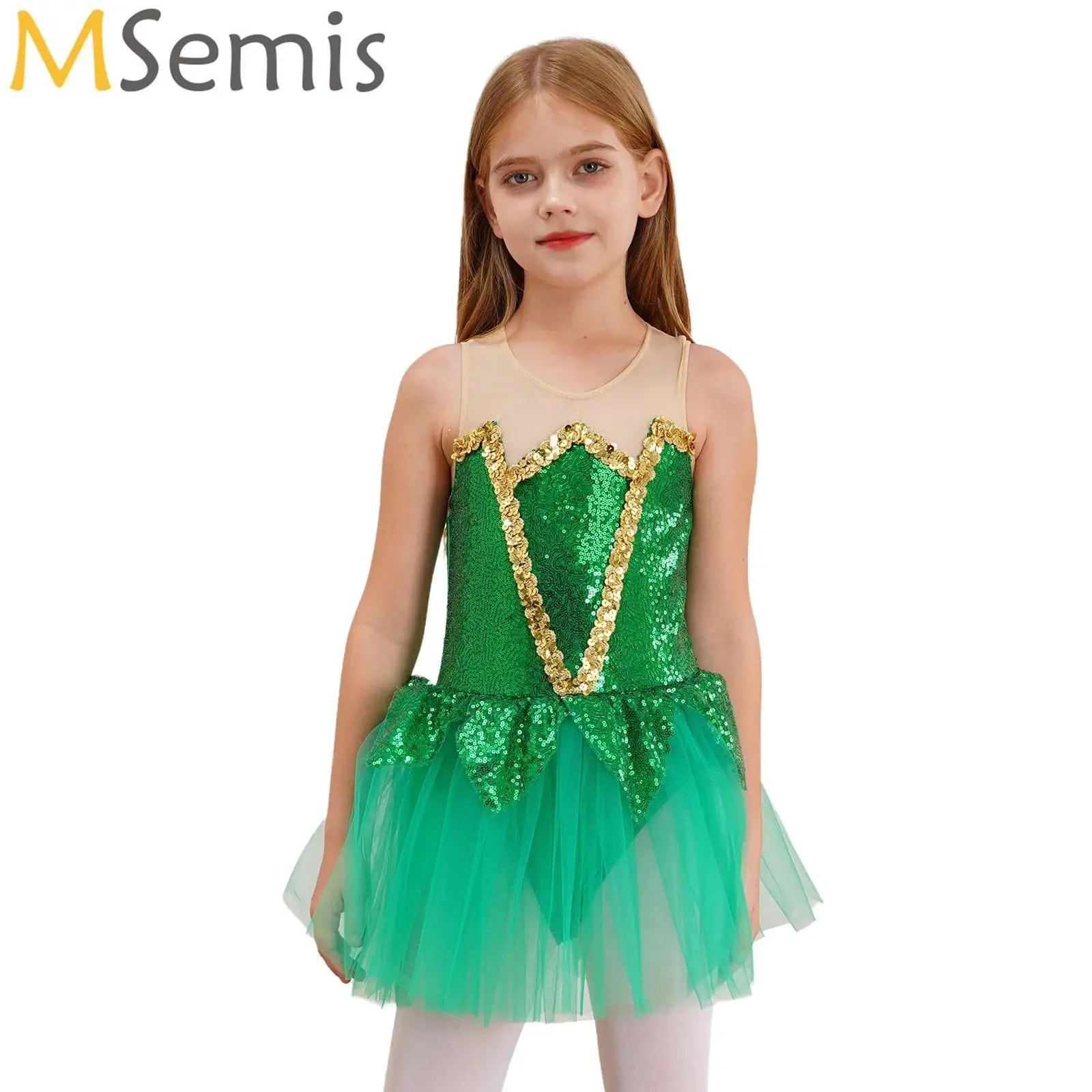 Ballerina Elf Fairy Prom Party Costume Kids Sequined Flower Dress Girls Dance Wear Gymnastic Ballet Leotard Tutu Dress