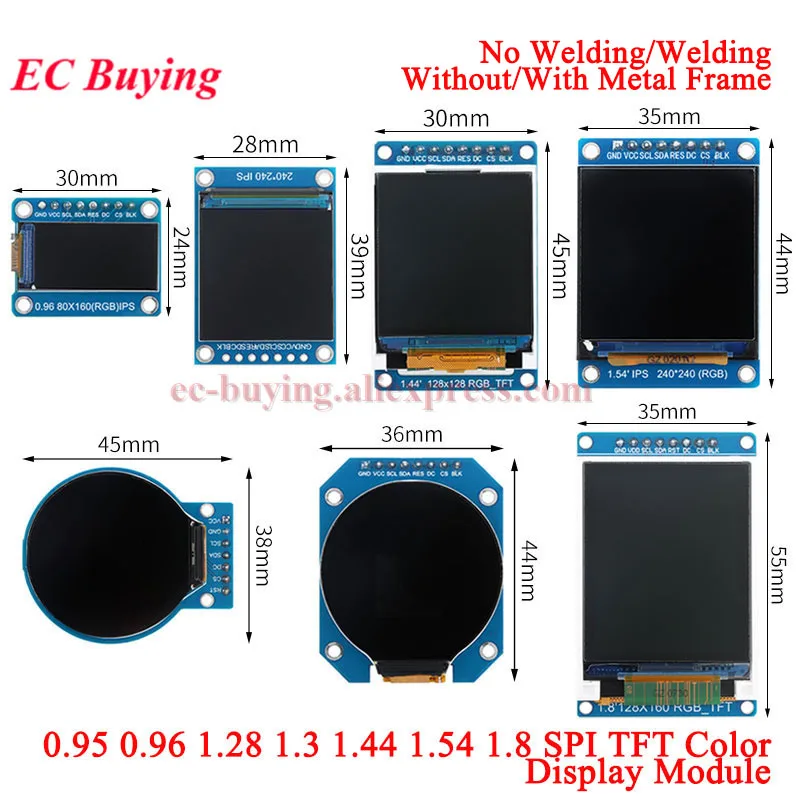 0.96 1.28 1.3 1.44 1.5 1.8 TFT Display IPS SPI HD Full Color LCD Module ST7735 / ST7789 GC9A01 Drive IC 80*160 240*240 128*128