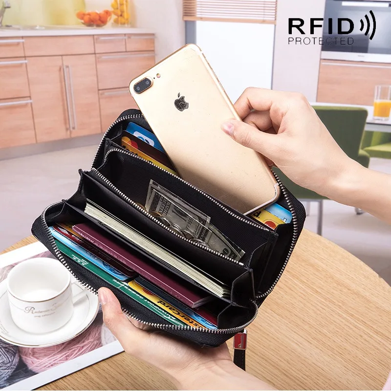 Genuine Leather RFID Long Wallet Phone Bag Sheepskin Coin Purse Key Lipstick Case Pouch ID Card Holder Women Clutch Handbag