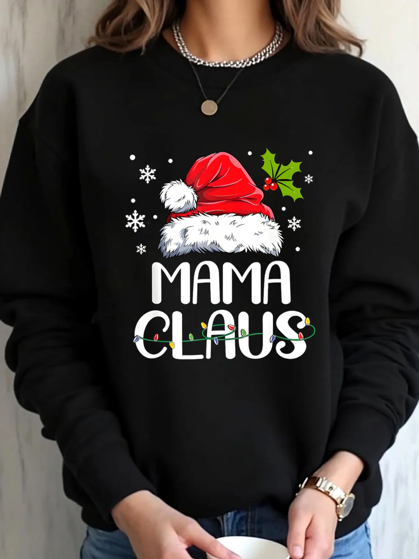 

Женская толстовка большого размера, рождественская шляпа Санта-Клауса с принтом «Мама-Клаус», уличная одежда