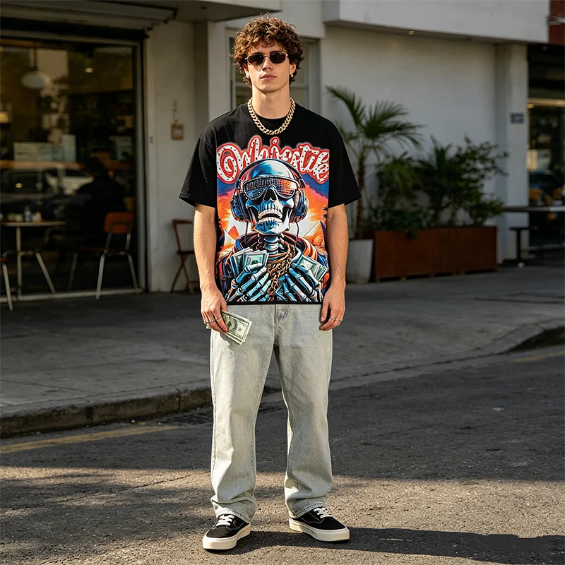 Herren-T-Shirt mit Strass-Totenkopf-Grafik, Hip-Hop-DJ-Skelett-Print, Y2K-Streetwear, Oversize-Baumwoll-Oberteil, Unisex-Sommer-T-Shirt – Detail 2