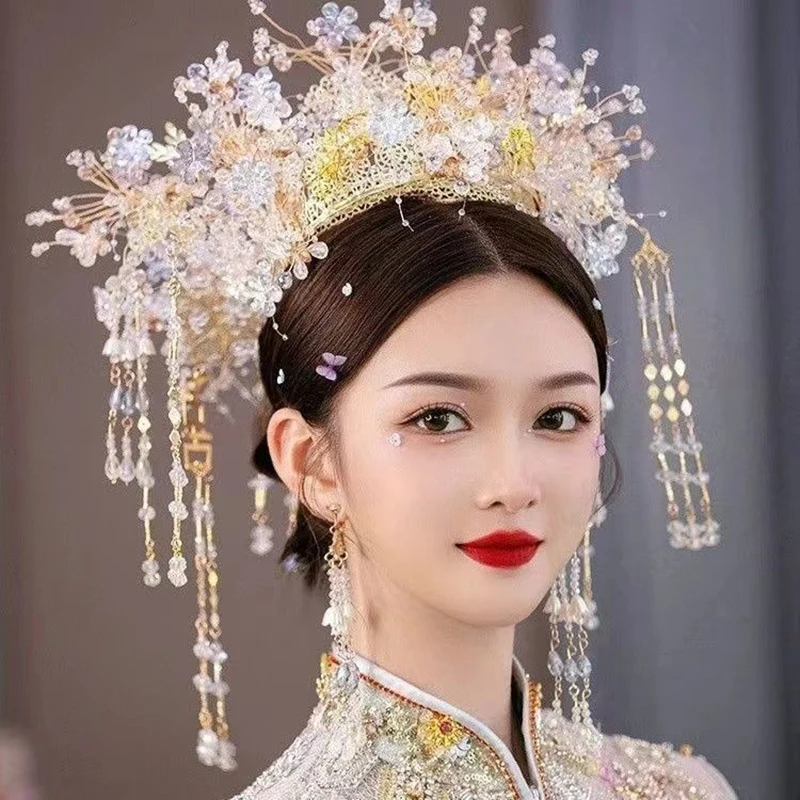 

Luxurious Chinese Vintage Bridal Wedding Hair Crown Crystal Waterdrop Tassel Headpiece Hanfu Xiuhe Costume Accessories