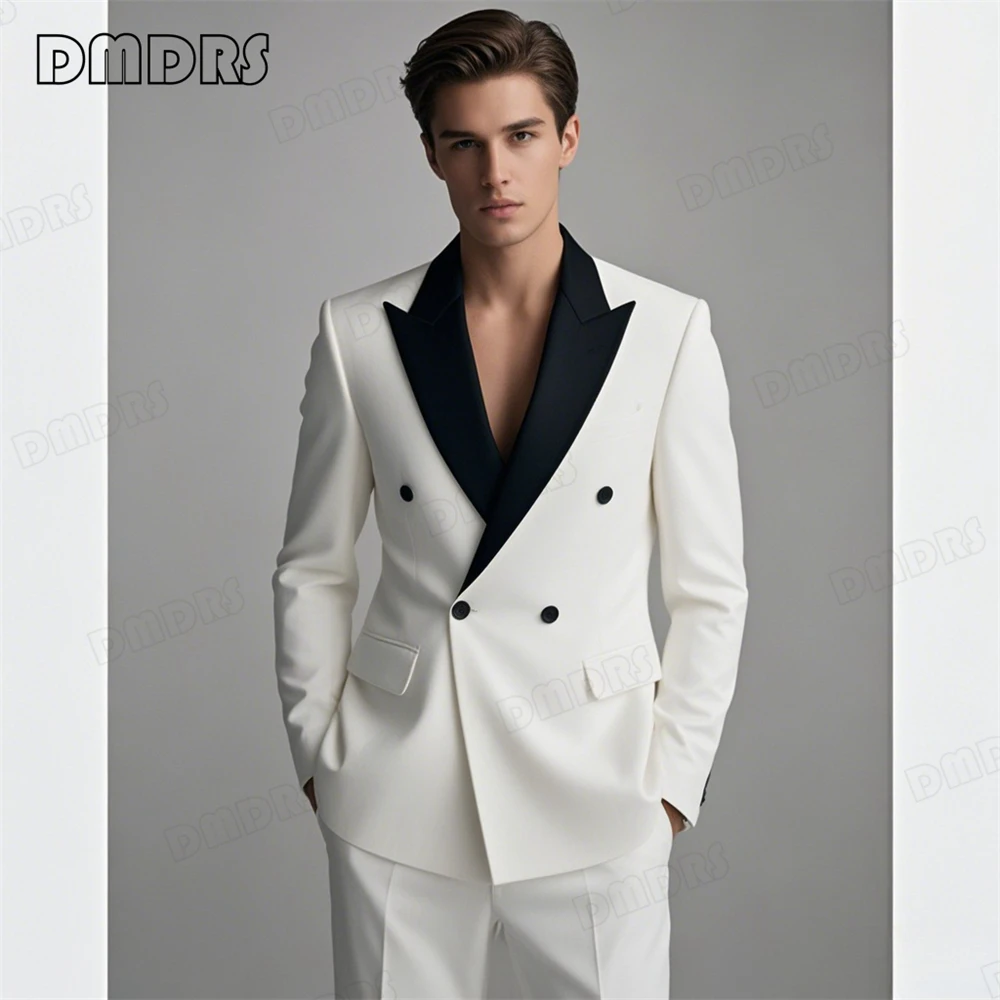 

Slim Fitting White Suit Set for Men, Black Collar, 2 Pieces Formal Suits, Wedding Tuxedo, Customized Colors Blazer and Pant Set