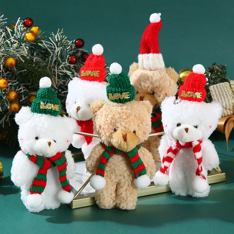 10pcs Christmas Bear Plush Dolls Ornaments with Red & Green Scarves Cute Keychain Charms Pendants for Holiday Gifts Decorations