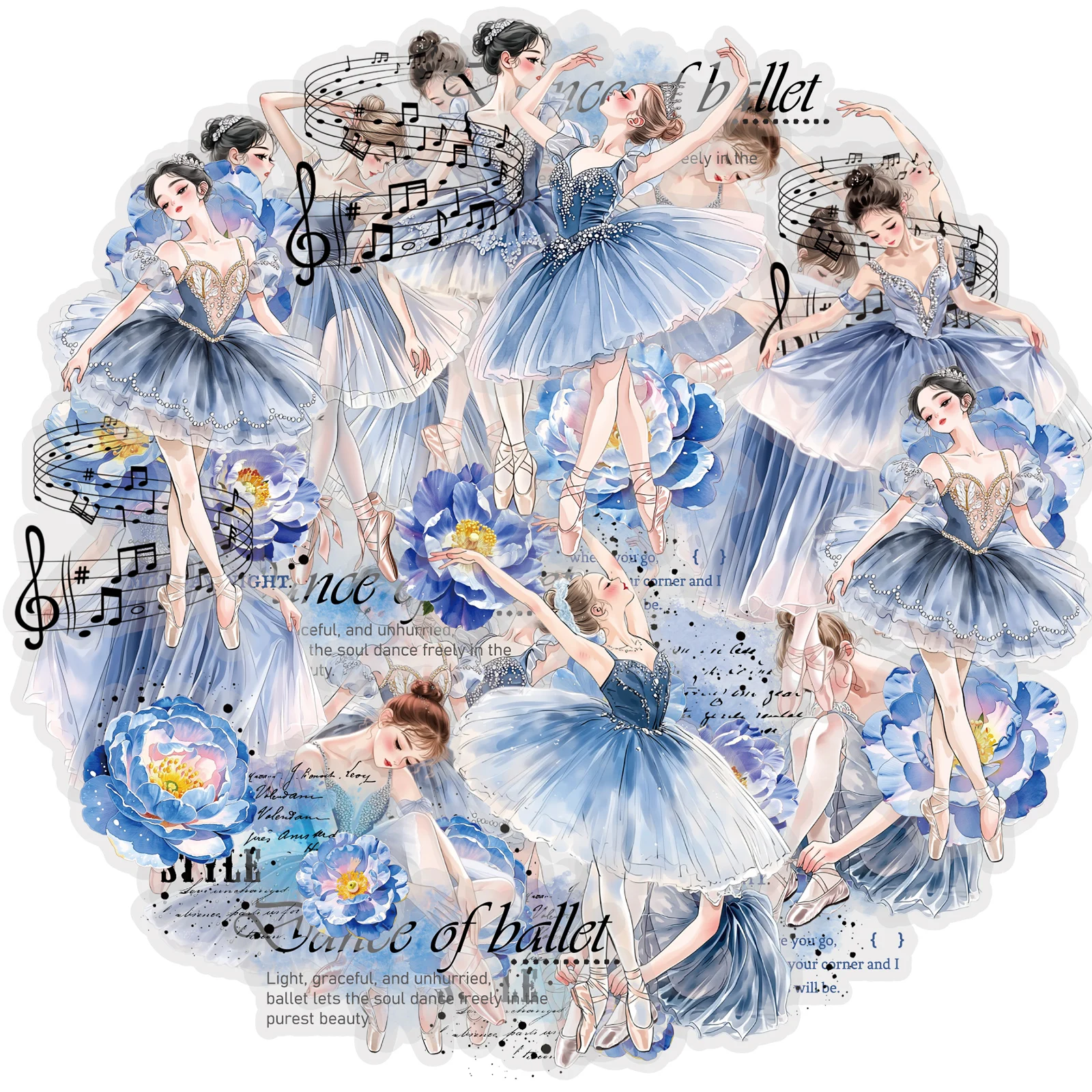 Etori Life Japanese-Style Fresh Blue Ballet Journal Stickers, Dancing Girl Floral Musical Note Decorative Stickers, Journal Collage Materials Suitable for Laptops, Water Bottles, Suitcases, Photo Albums, Guitars, Bicycles, Dance Enthusiasts, Handmade Scrapbook Supplies, Office Decoration Accessories, Home Decor, DIY Crafts, Gift Paper Bags, Gift Box Packaging, Pvc, Perfect Cute Stickers, Korean Stationery