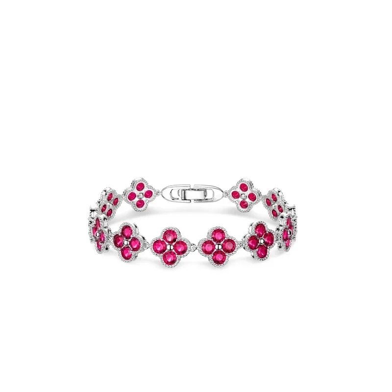 BELLUX 925 Silver Gold Plated Synthetic Zircon Rose Red Four petal Flower Full Diamond Light Luxury Fashion Bracelet