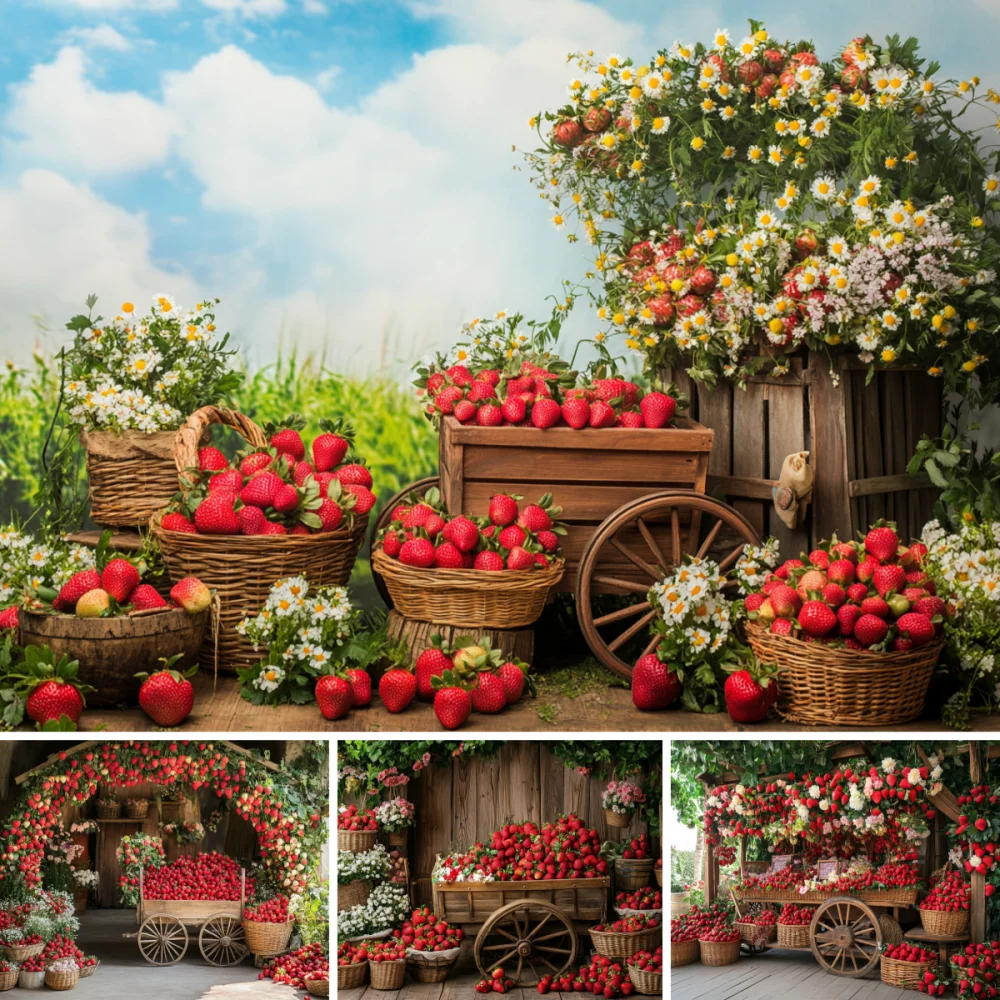 Summer Harvest Natural Scenery Backdrop Handcart Strawberry Chamomile Baby Shower Birthday Party Decor Photo Background Banner