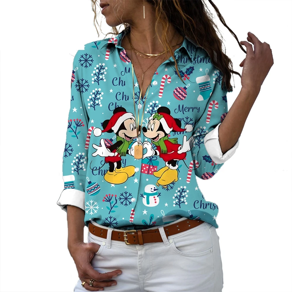 Disney Minnie Cartoon Pattern Print Fashion New Street Harajuku Men Women Long Sleeve Shirt Lapel Cute Casual Shirt