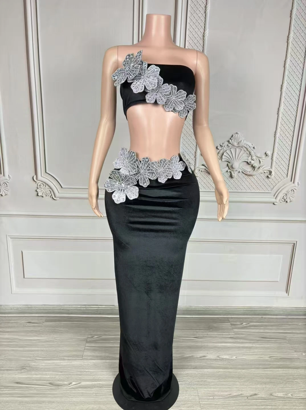 Sexy Stage Crystal Flowers Strapless Crop Tops Bodycon Long Skirt 2 Piece Set Bar Concert Women Singer Birthday Outfit Costume