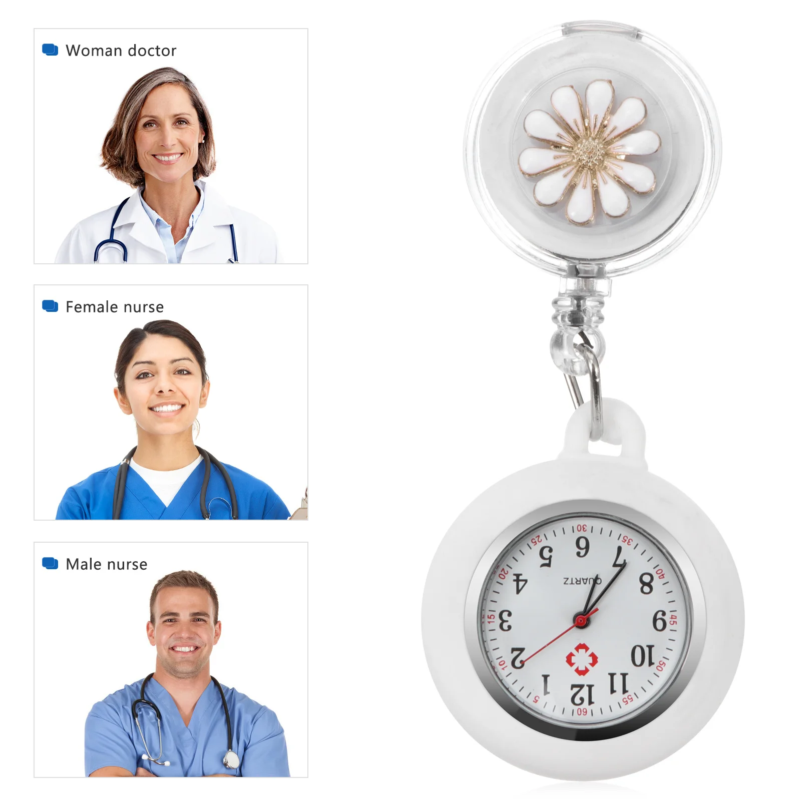 

Nurse Pocket Watch Alloy Quartz Movement Water Resistant Super Transparent Glass Adjustable Date Weekday Clear Dial Clip-On