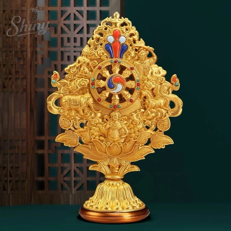 

25cm Buddhist Dharma-Chakra Engraving Golden Alloy Eight Auspicious Tantric Falun ,Tibetan Altars Religious Item Decorative