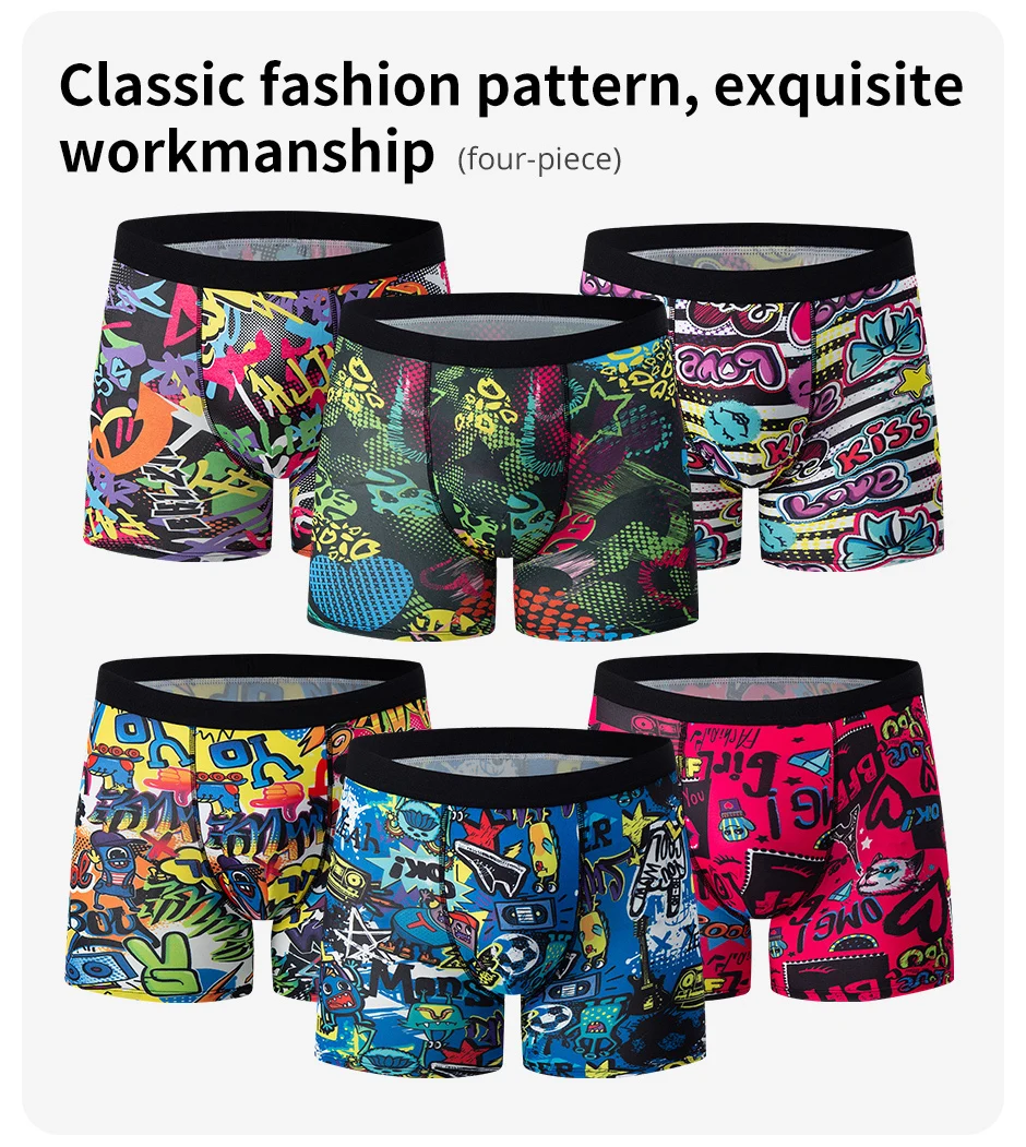 6-Pack men\'s fashion print sports long boxer briefs comfortable and breathable stretch shorts plus size beach underwear for teen