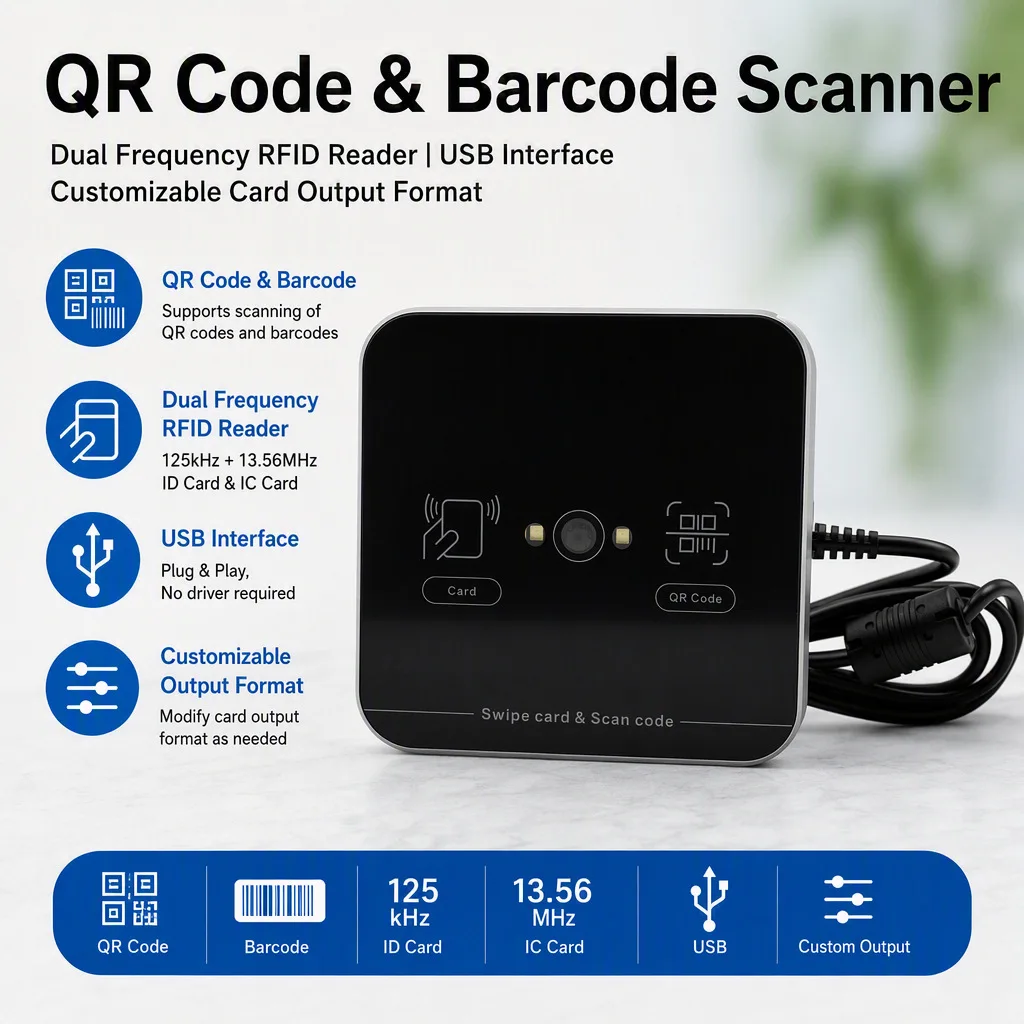 Proximity Contactless RFID Reader 1d 2d  Barcode QR Scanner 125khz 13.56mhz USB Interface QR Code Card Reader