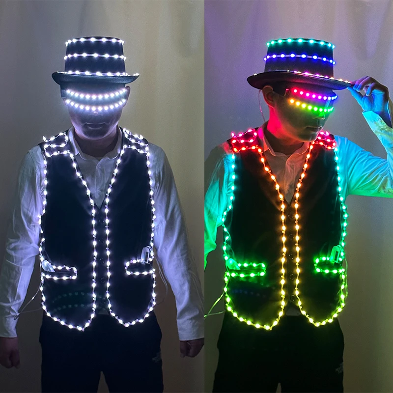 

Светящаяся шляпа для ночного клуба, бара, джентльмена, одежда для танцев MJ, крутой светодиодный жилет Rave, креативные красочные принадлежности для выступлений, мигающий костюм