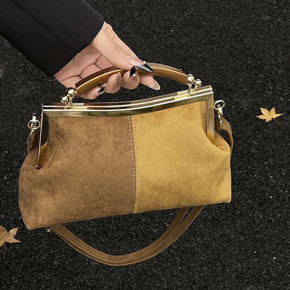 

Elegant Kiss Lock Shoulder Bag Large Capacity High Quality Frosted Velvet Crossbody Bag Contrast Color Detachable