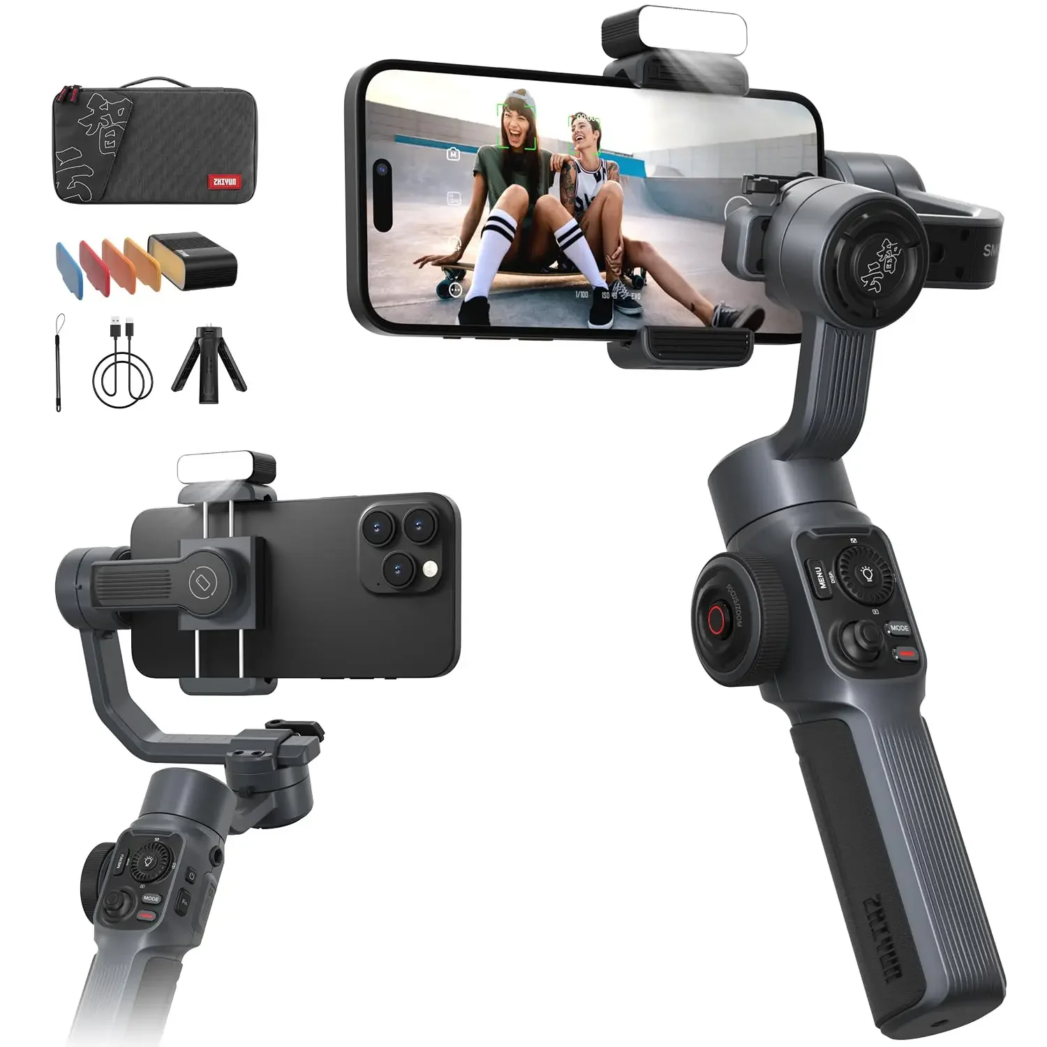！Smooth 5 Phone Gimbal 3-Axis Handheld Smartphone Stabilizer with Grip Tripod