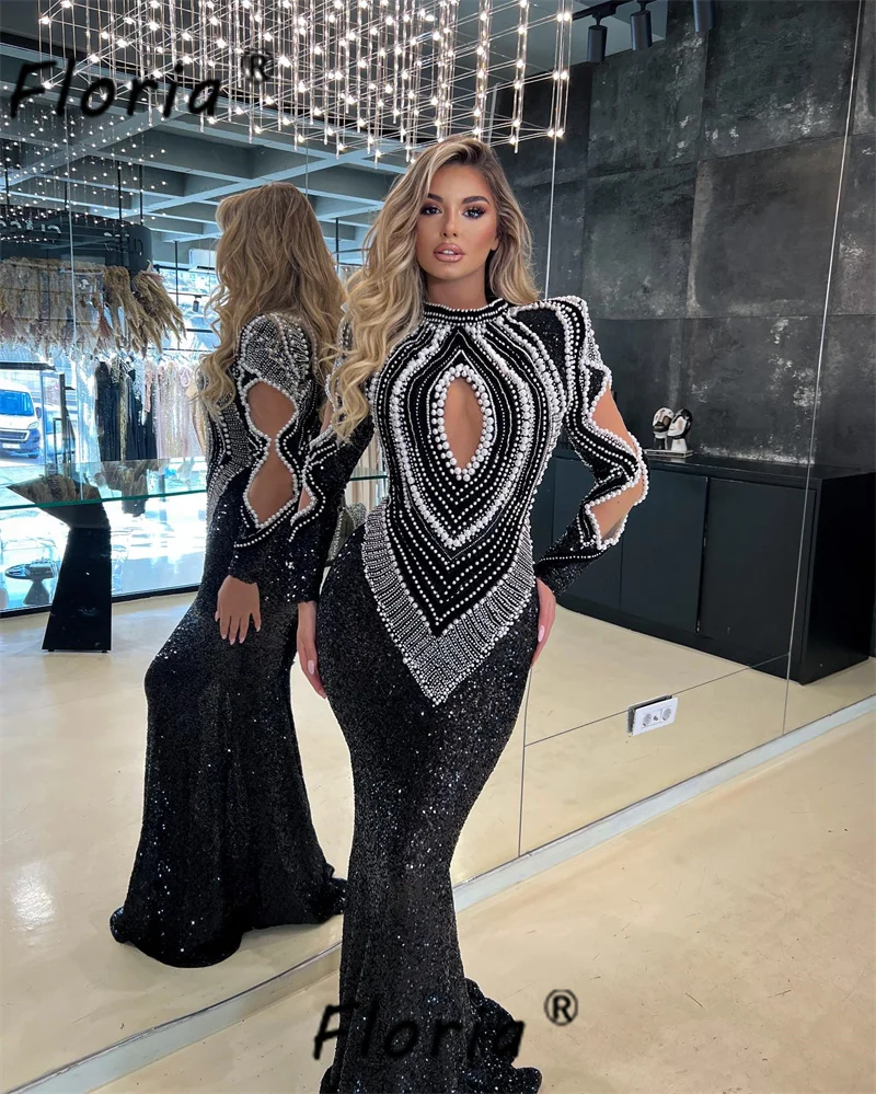 Black Heavy Beaded Handmade Evening Dress Mermaid Long Sleeve White Pearls African Woman Formal Occasion Dresses Robe de Soiree