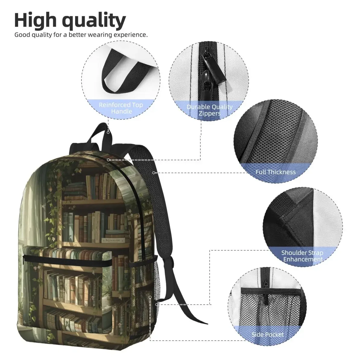 Vintage Bookshelf With Green Plant Backpack Daypack Large Capacity Kids BookBag School Bag Shoulder Bags for Men Women