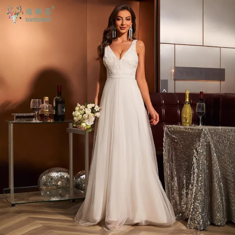 

Sexy and Simple V-Neck Sleeveless Backless Women Tulle Wedding Dresses Elegant A-Line Prom Gowns Mopping Length Party Vestidos