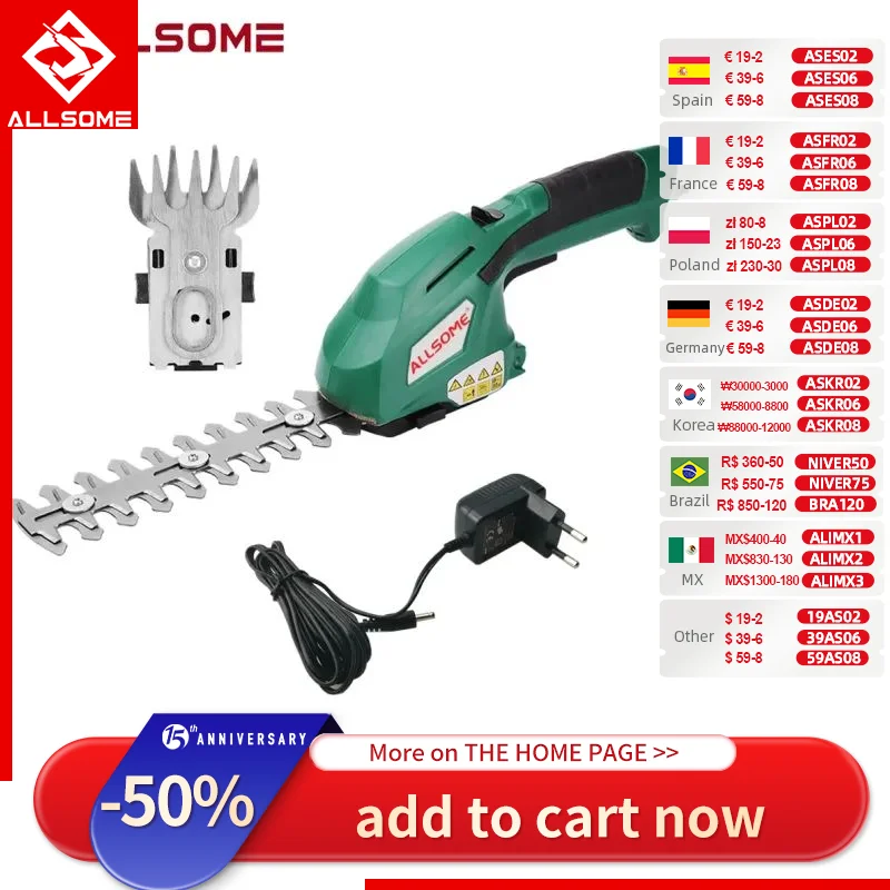 ALLSOME Electric Hedge Trimmer 2 in 1 7.2V Cordless Household Trimmer Rechargeable Weeding Shear Pruning Mower HT2668