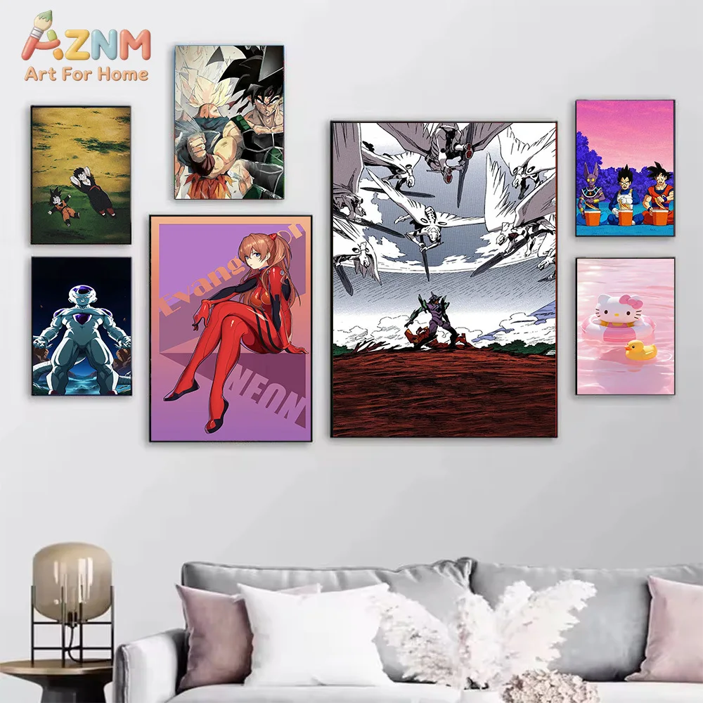 AZNM Anime Canvas Wall Art, Neon Genesis Evangelion & Dragon Ball & Hello Kitty Print Poster for Room Decor