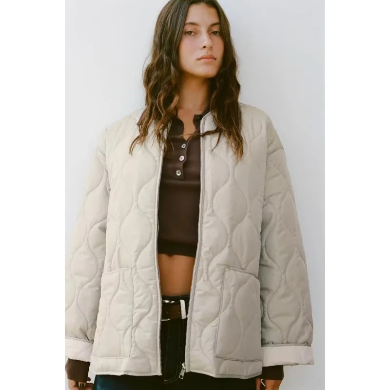 

Laid-ba V-ne Cotton Jaet Women's Loose Fit Autumn Winter New Arrival Coat with kets Long Sve Zipper Closure