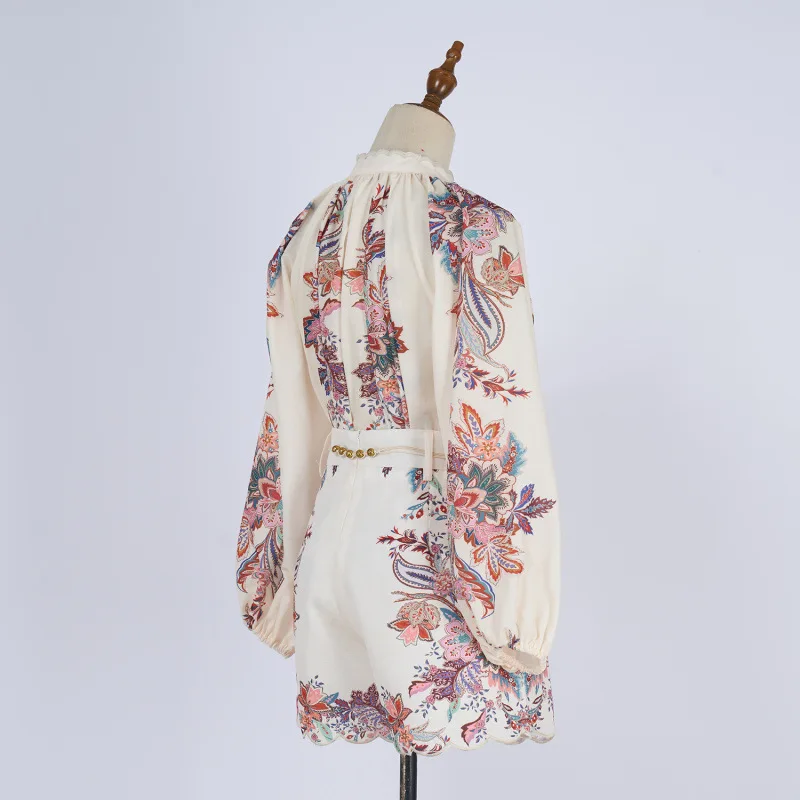 

2025 Spring Seasonal New Design Sensation Australian Linen Silk Print Heavy Crt ort Pants Set Long Sve High Collar Dr