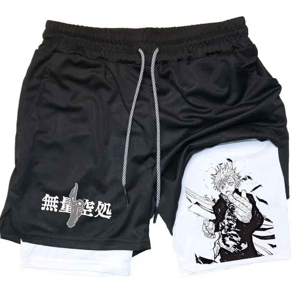 Anime 2 In 1 Compression Shorts Gojo Satoru Print Performance Sportswear Men Training Workout Male Fitness Sport Shorts