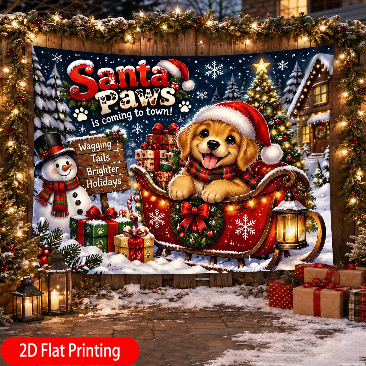 Santa Paws Puppy Tapestry, Cute Dog Christmas Wall Hanging, Wishing You Brighter Holidays Art, Festive Pet Lover Dorm Decor