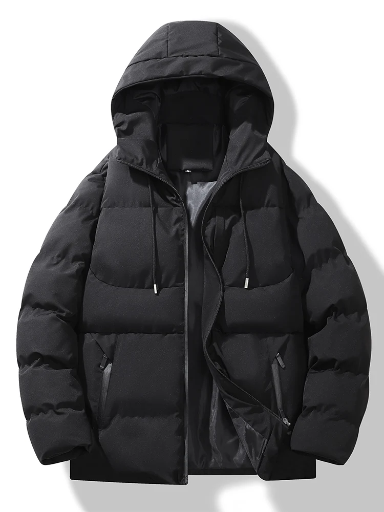 

Winter Thiened Men's down Cotton Jaet Warm Padded Coat Youth Faion Hooded Zipper Closure Regular Length Bla Coat