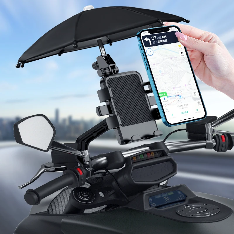 Motorcycle Mobile Phone Holder Stand & Umbrella Rainproof Sunshade Bicycle Outdoor Scooter Phone Clip Handlebar Mount For iPhone