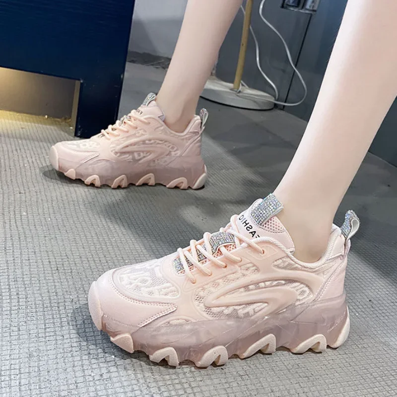 Clear Transparent Ladies Shoes Pink Lace Up Low Women Footwear Mesh Breathable High on Platform Light Quality 2024 New in Autumn