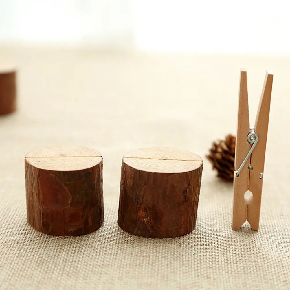 12Pcs Wood Pile Menu Clip Holders Stump Shape Photo Card Holders Wedding Table Number Memo Stand Decor Memo Stand