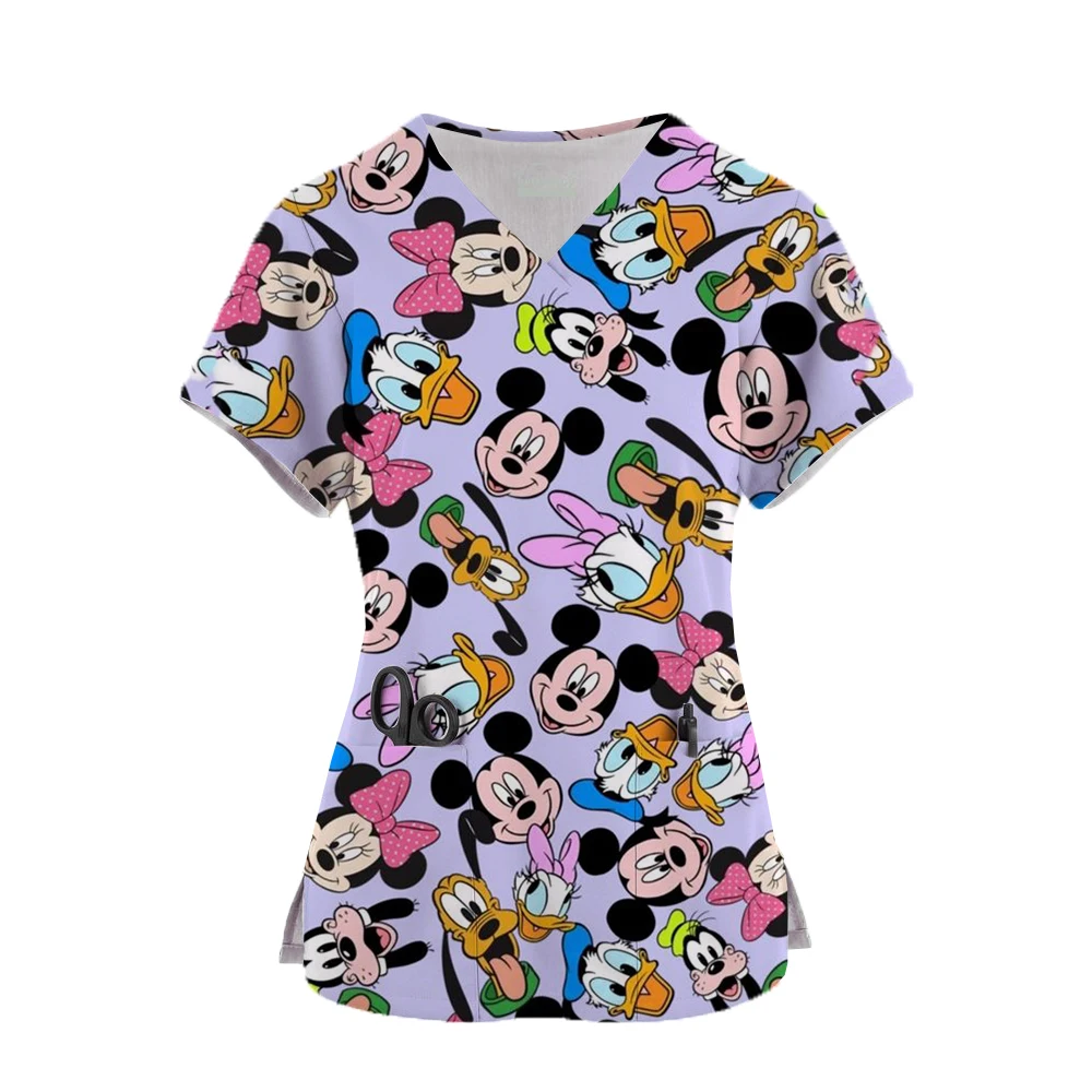 

3D Disney Mickey Mouse Print Scrub Tops Women Short Sleeve V-neck Tops Nurse Uniform Cartoon Print Working Blouse Ladies uniform