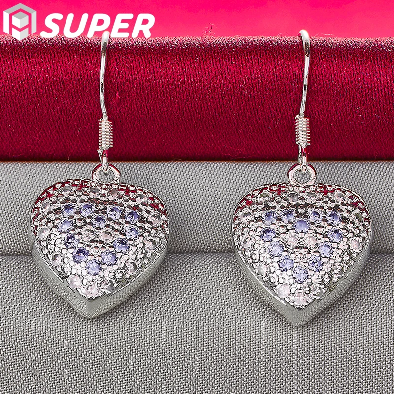 925 Sterling Silver Heart Purple Aaa Zircon Drop Earring For Women Wedding Engagement Party Fashion Charm Jewelry