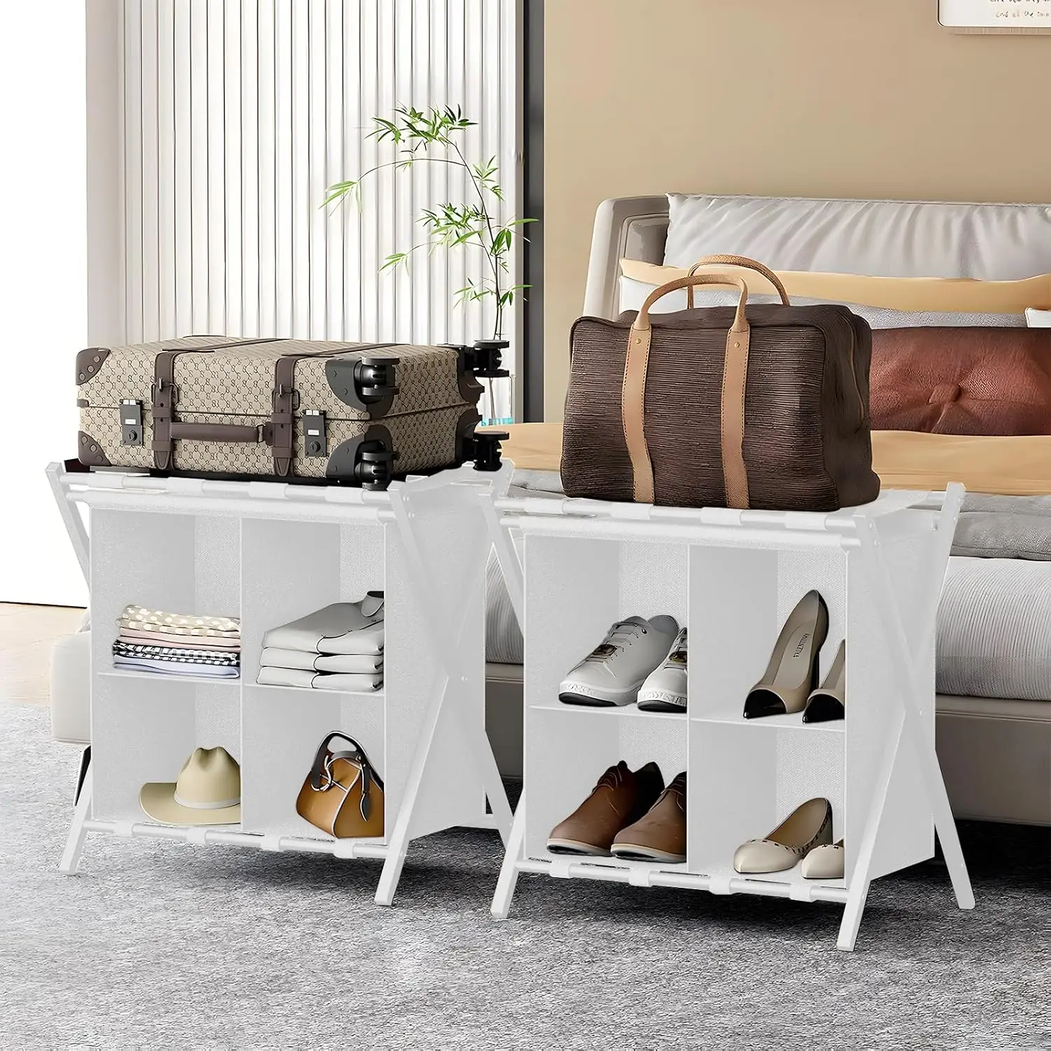 

Folding Luggage Rack with Storage Shelf, Set of 2, Sturdy Steel Suitcase Stand for Guest Room and Hotel, White