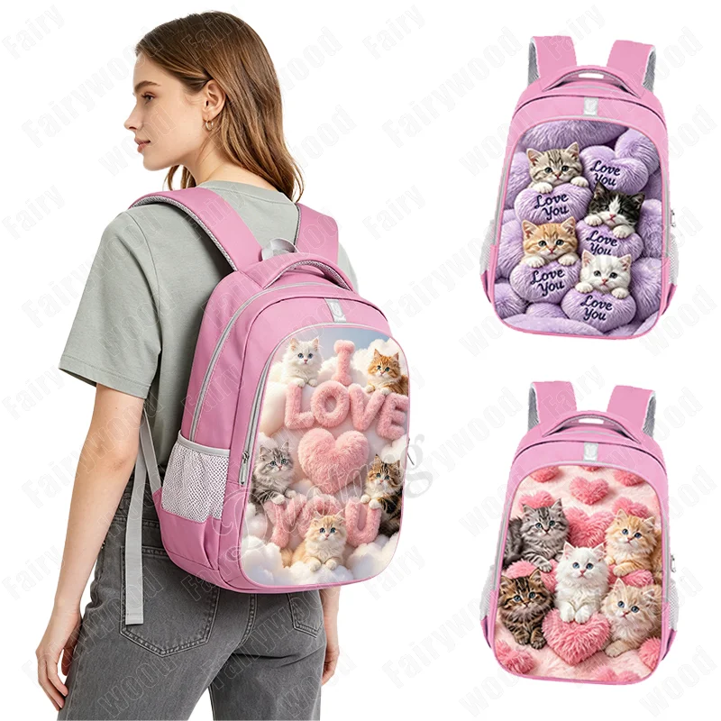 

14/16 Inch Kawaii Pink Heart and Cat Pattern Backpack Pink Style Lovely Kitten Children School Bags for Teenager Women Bookbag
