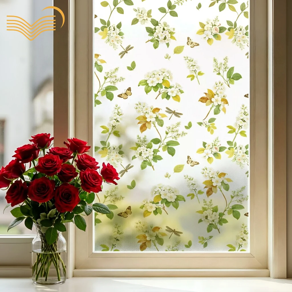 Watercolor Floral Butterfly Frosted Window Sticker Static & Self-adhesive Anti-peep Glass Decal Bathroom Kitchen Glass Door