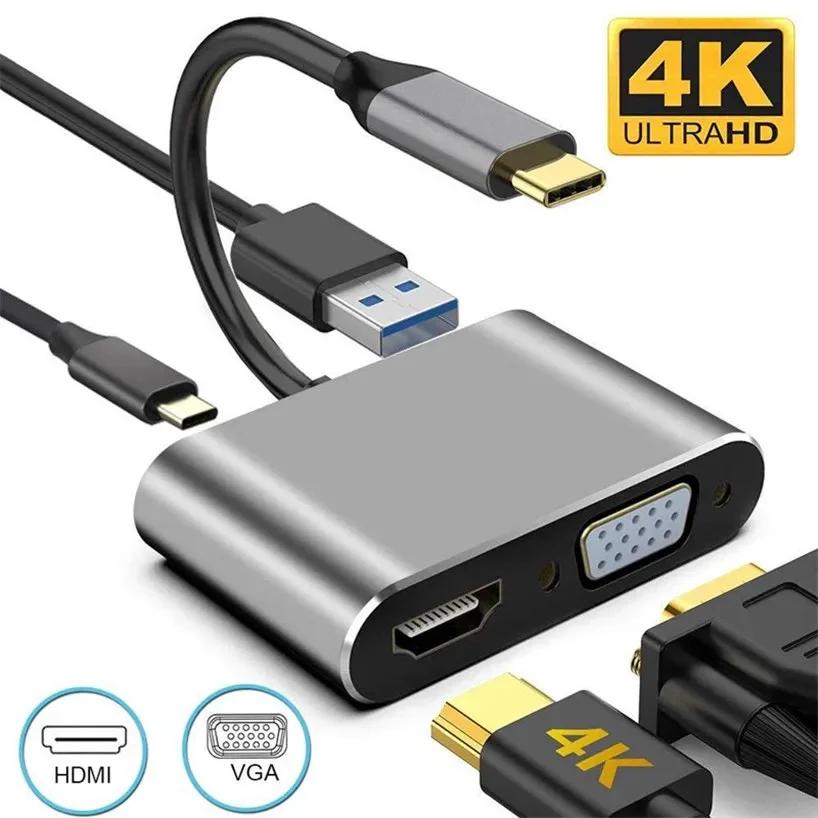 Adaptador Usb 3.0 Tipo C Hdmi 4k Vga 5 In1 Para Macbook Otg,Resolução HDMI e VGA de até 1920*1080p/60Hz