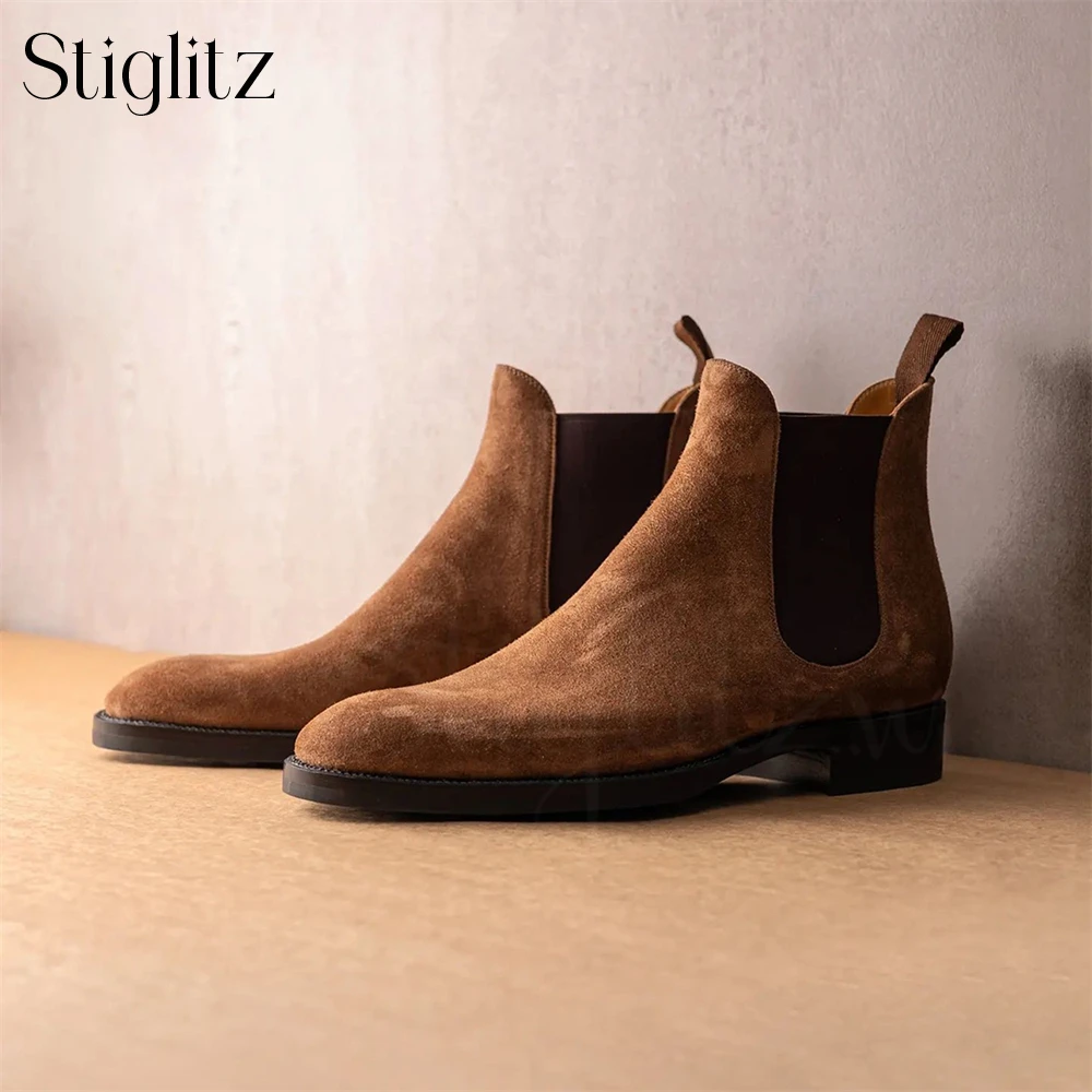 

Brown Suede Elastic Booties for Men Elegance Timeless Handmade Boots Almond Toe Slip on Comfortable Ankle Boots Custom Handmade