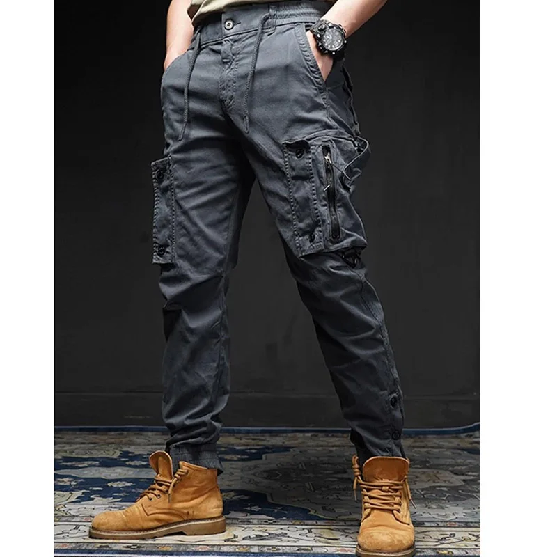 

Fashion Cotton Multiple Pockets Zipper Men's Cargo Pants Classic Waist Drawstring Loose Tactic All-match Male Youth Trousers