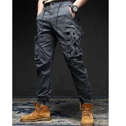 Fashion Cotton Multiple Pockets Zipper Men's Cargo Pants Classic Waist Drawstring Loose Tactic All-match Male Youth Trousers