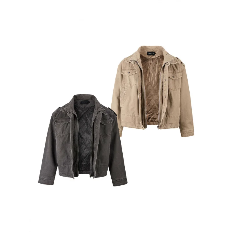 

EME Autumn Winter American Retro Washed Vintage Workwear Deconstructed Turn-down Collar Fake Two-piece Thickened Patrol Jacket C