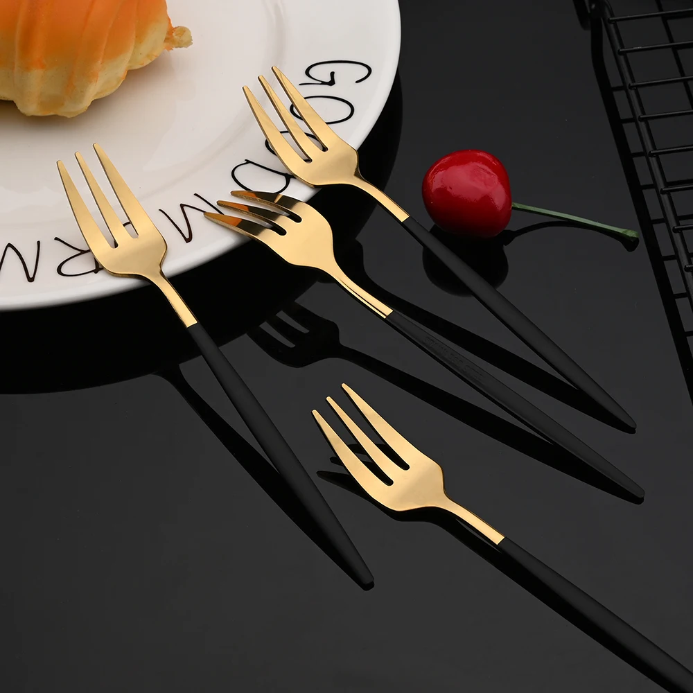 6Pcs Stainless Steel Tea Forks Mirror Black Gold Cake Fork Snack Salad Coffee Fruit Fork Mirror Cutlery Kitchen Tableware Set